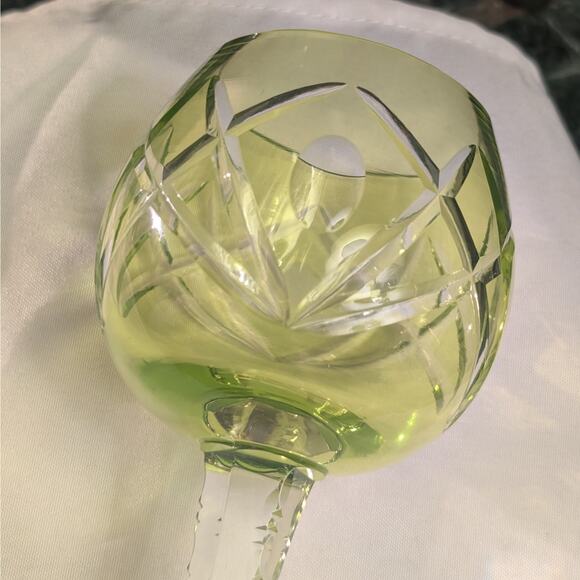 Blue & Green Vintage Bohemian Crystal Cut to Clear Unique Stem Wine Glass Pair - Picture 8 of 8